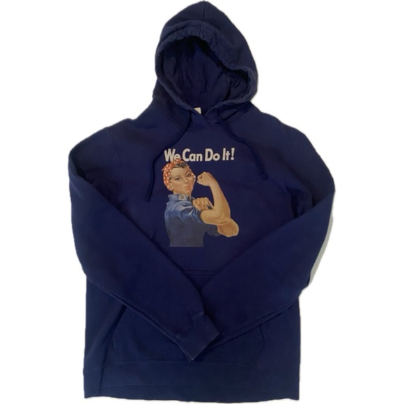 Rosie The Riveter We Can Do It Slogan WW2 Poster Retro Navy Blue Hoodie Sz Med - Picture 2 of 9